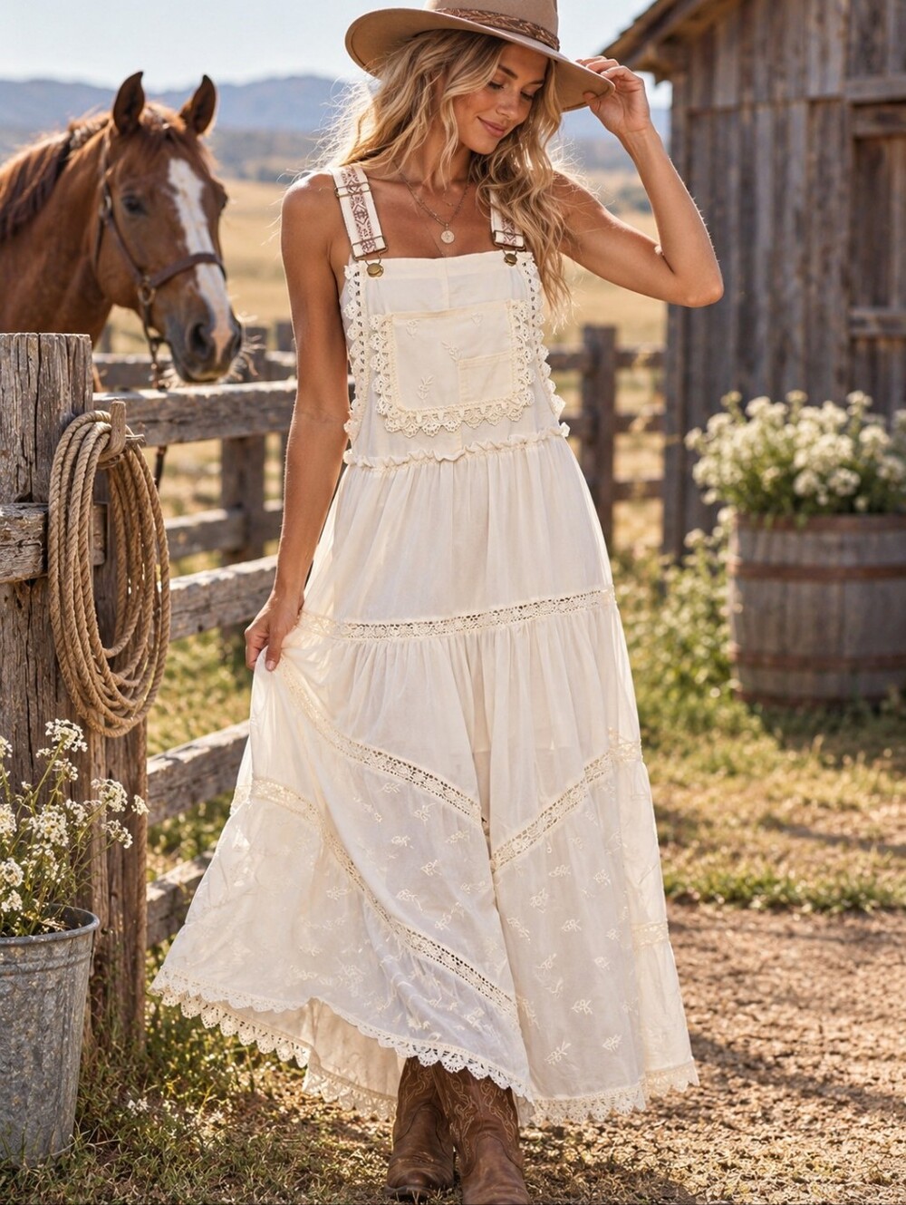 EBOSSY Overall Dress Womens Medium Ivory Lace Embroidered Boho Western NWT